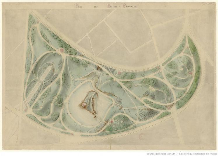 Plan dessiné du parc des Buttes-Chaumont, 19e siècle © Gallica/BNF
 