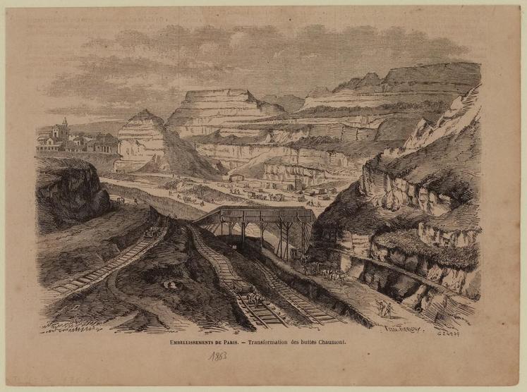 Transformation des Buttes-Chaumont, gravure anonyme de 1863 (Musée Carnavalet, Histoire de Paris)