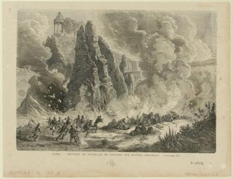 Pendant la guerre contre la Prusse, en 1870, les tonneaux de pétrôle stockés aux Buttes-Chaumont prirent feu, ce qui ravagea le parc. Gravure sur bois de Trichon, 1870 (Musée Carnavalet, Histoire de Paris)