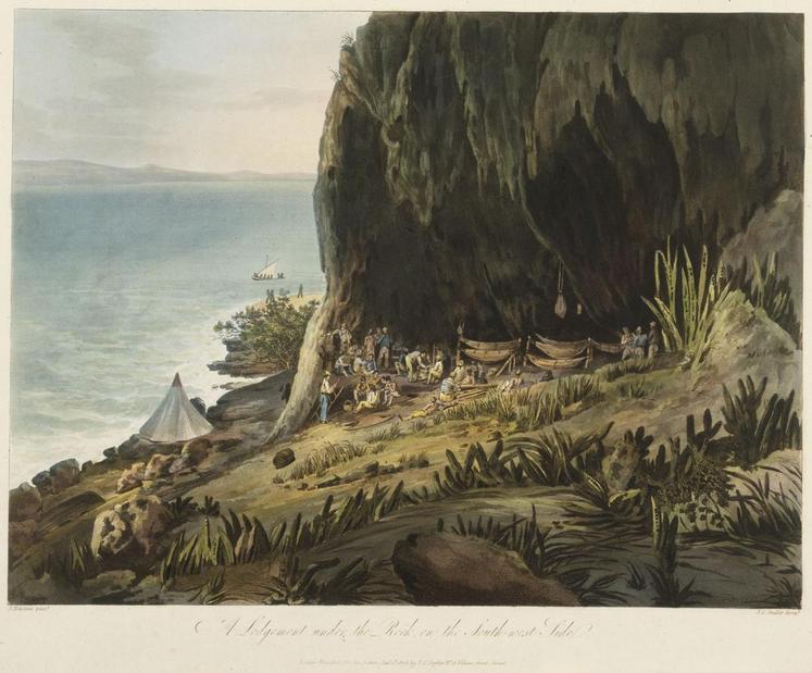 Vues pittoresques du rocher du Diamant : une loge sous le rocher sur le côté sud-ouest, John Eckstein & Joseph Constantine Stadler, 1805 - Collections of the National Maritime Museum