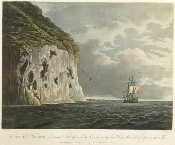 Un canon est hissé par les Anglais au sommet du Rocher au moyen d’un câble, John Eckstein & Joseph Constantine Stadler, 1805 - Collections of the National Maritime Museum
