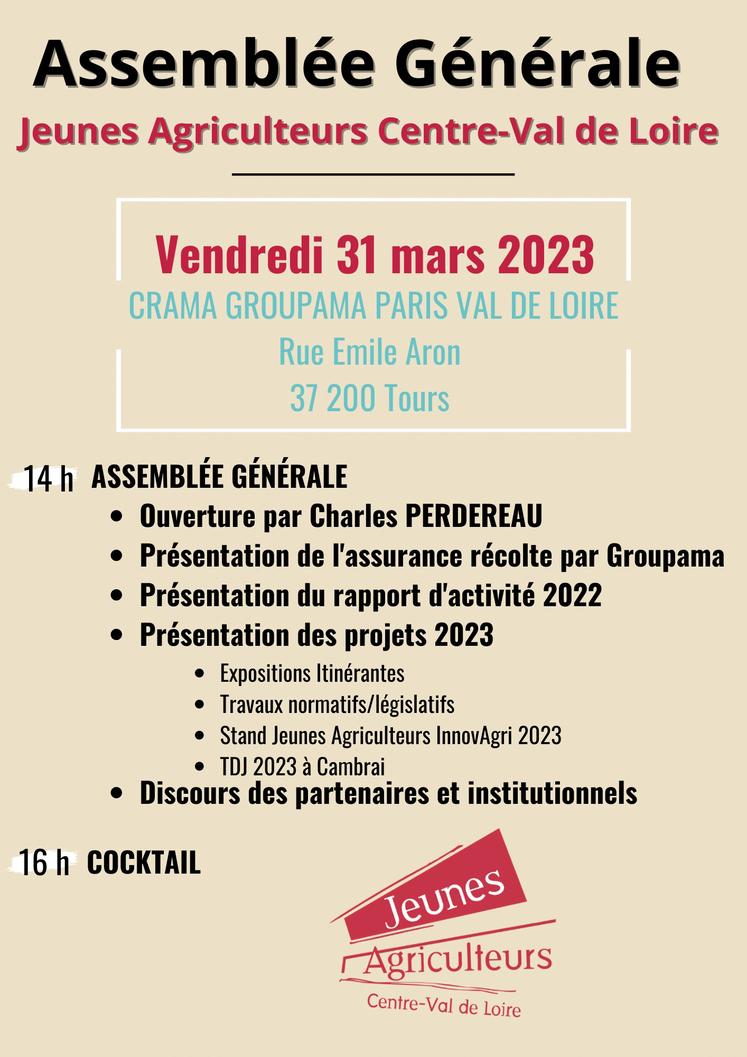 Affiche de l'AG de JA CVL du 31 mars 2023.