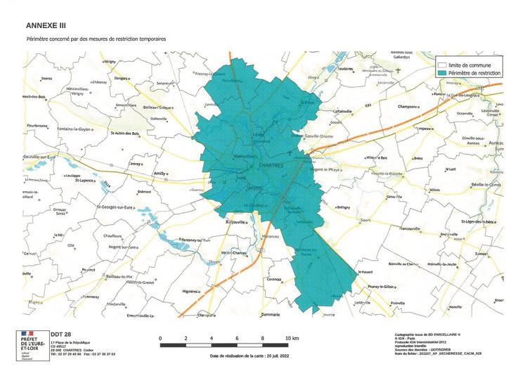 Carte du périmètre de Chartres métropole concerné par les mesures annoncées le 20 juillet.
