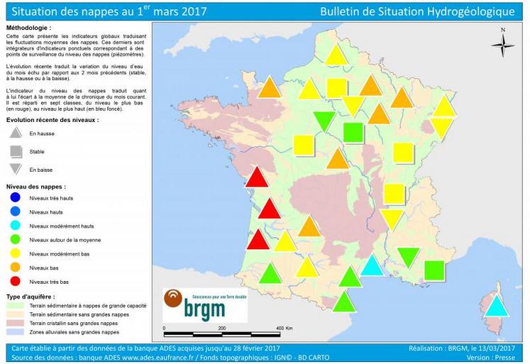 La carte de France de l'état des nappes d'eau au 1er mars 2017