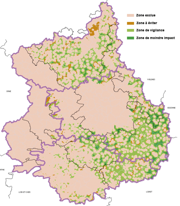 Carte du zonage pour l'éolien, issue des états généraux des énergies renouvelables.