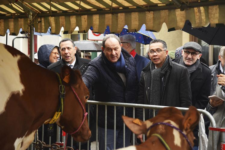 À 10	h30 le 20 mars 2022 à Gien, lors de l'inauguration de la Foire, Jean-Luc Riglet, président de la commission ­agriculture, environnement, transition au conseil départemental, Hugues Saury, sénateur du Loiret, et le maire de Gien, Francis Cammal, sont venus à la rencontre des animaux, guidés par Jérôme Loiseau, président de l’Association de la Foire des cours.