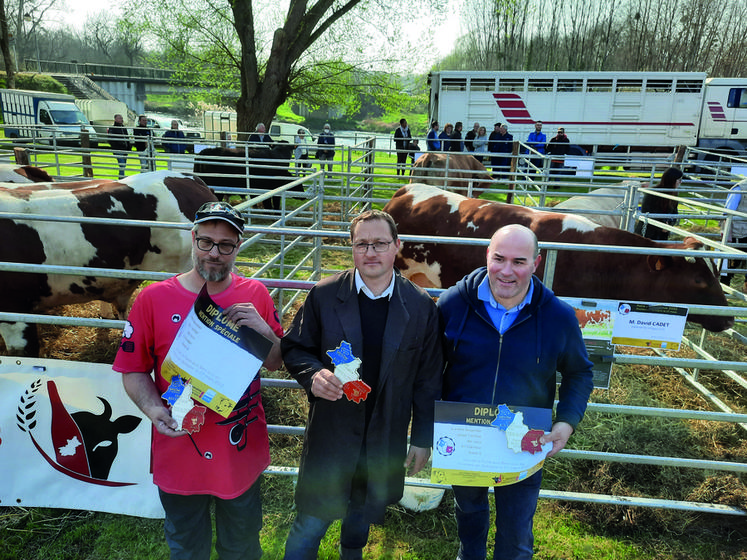 David Cadet (au c.) est un des seuls éleveurs venus de Mayenne sur l’événement, aux côtés des bouchers acquéreurs.