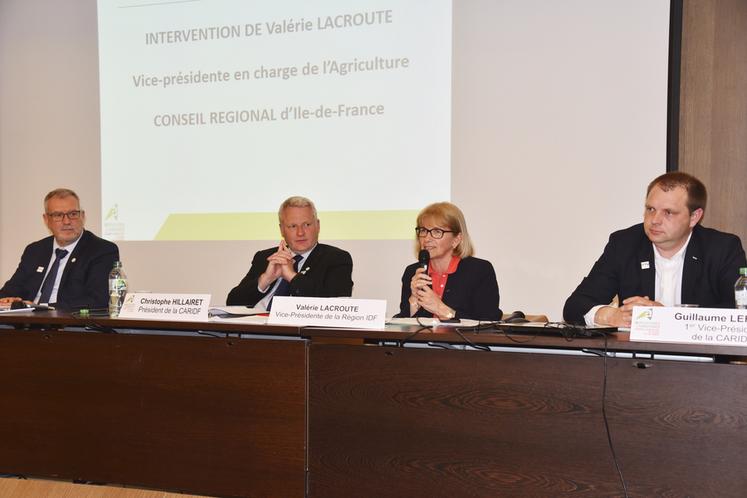 Le mercredi 20 avril à Paris. La session de la chambre d'Agriculture de région Île-de-France s'est tenue sous la présidence de Christophe Hillairet, entouré de Valérie Lacroute, Guillaume Lefort et Olivier Barnay.