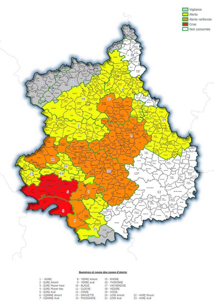 Les zones et leur niveau d'alerte au 13 juillet. Depuis le 20 juillet, le secteur Chartres métropole est passé en crise (rouge).