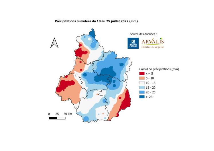 Carte des précipitations du 18 au 25 juillet en région Centre-Val de Loire. 