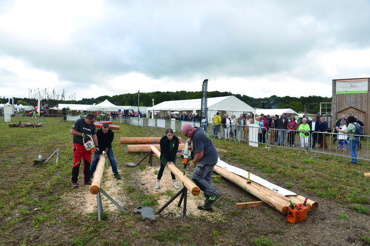 Samedi 3 septembre à 10	h 30, Nicole Cuvecle accompagne élus et représentants locaux pour l'inauguration. Ici, le groupe s'arrête devant l'espace où s'est tenue la première manche du championnat de France de ­tronçonneuse de précision.