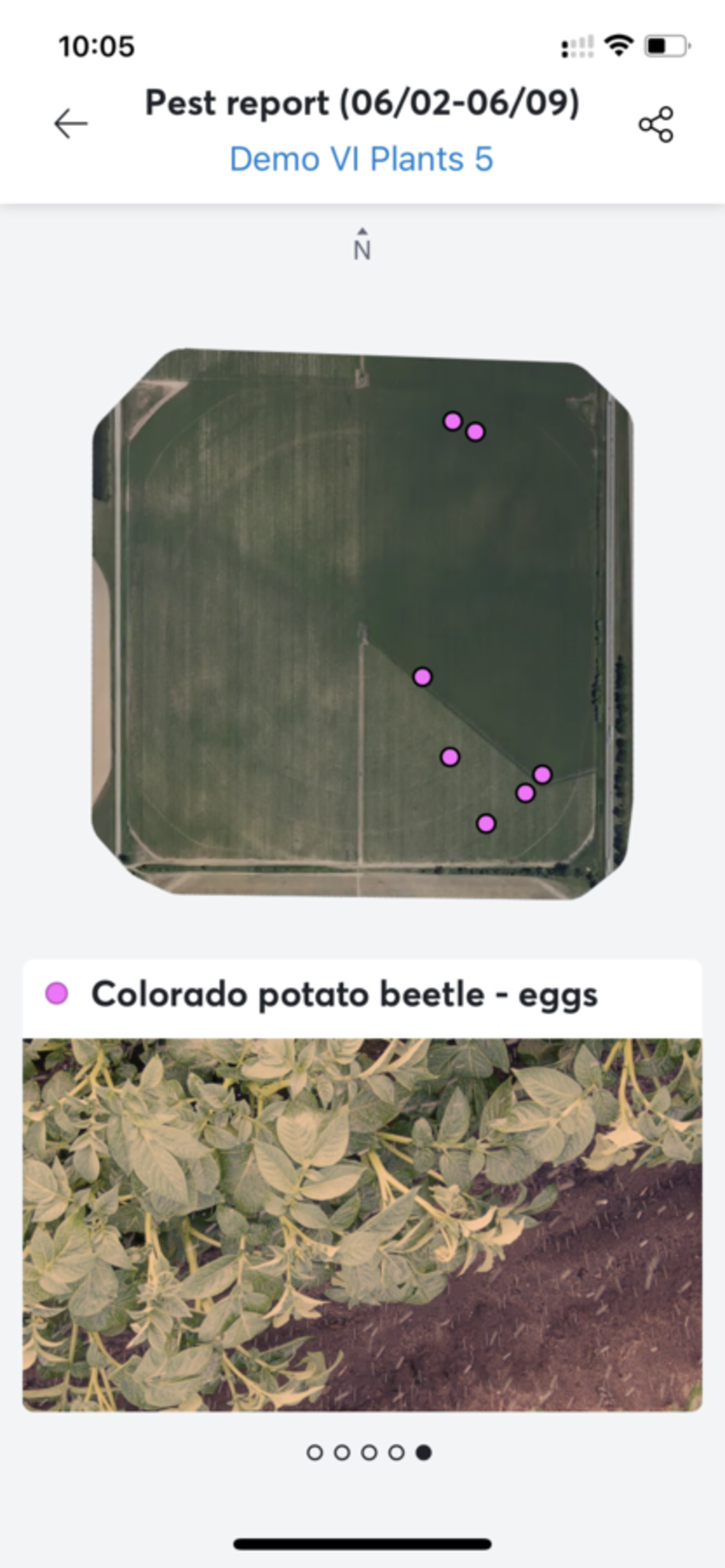 Vue sur l’application smartphone Valley 365 des zones du pivot où ont été détectés des œufs de doryphores sur la face arrière des feuilles visible par la caméra montée sur le pivot. 
