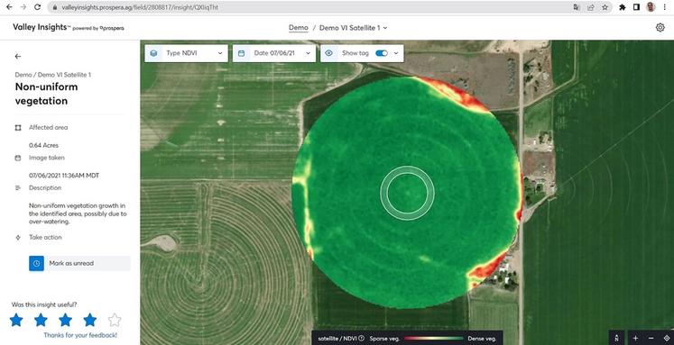 Mesure de l’indice NDVI à partir d’images satellite, mettant en évidence des zones où la végétation est sous développée, ayant pour origine probable un arrosage excessif. 