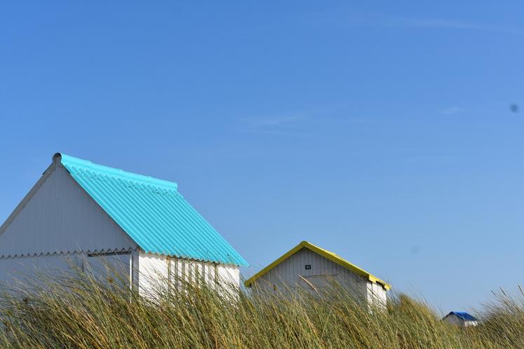 À Gouville-sur-Mer, les toits des cabanes, juste derrière une dune les abritant de la mer, sont peints de multiples couleurs.