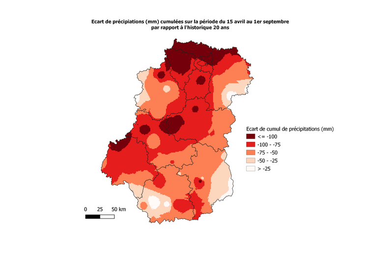 Cette carte du déficit des précipitations sur la période du 15 avril au 1er septembre prend en compte l'historique des vingt dernières années. Elle illustre le printemps et l'été secs de cette année.