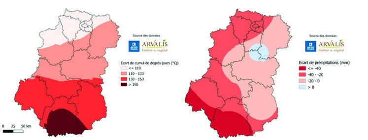 Carte 1. Écart de cumul de températures (en degrés-jours) entre le 1er octobre et le 8 décembre 2022 par rapport à la médiane 2002-2021. Carte 2. Écart de cumul de pluies (en mm) entre le 1er octobre et le 8 décembre 2022 par rapport à la médiane 2002-2021.