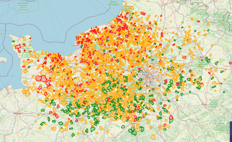 État qualitatif des blés par commune en&nbsp;juin 2022.