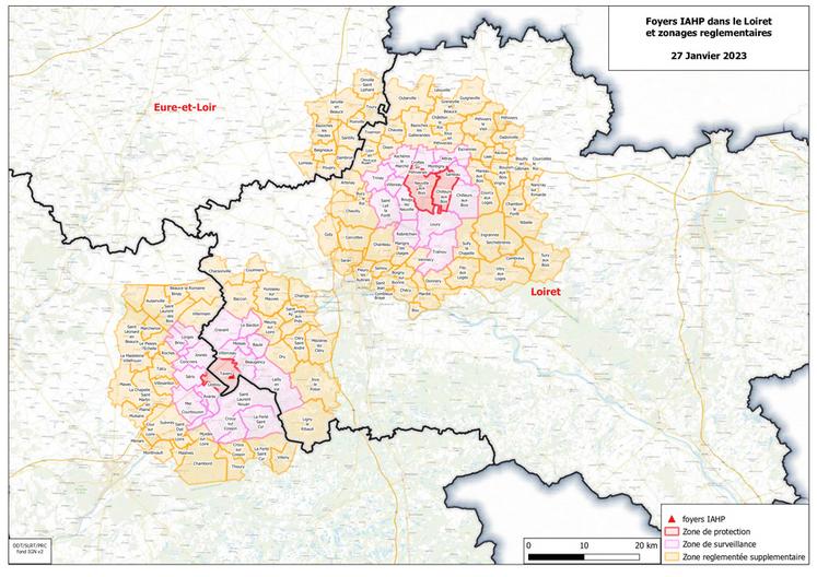 Carte préfectorale des foyers d'influenza aviaire du Loiret et les différents zonages réglementaires.