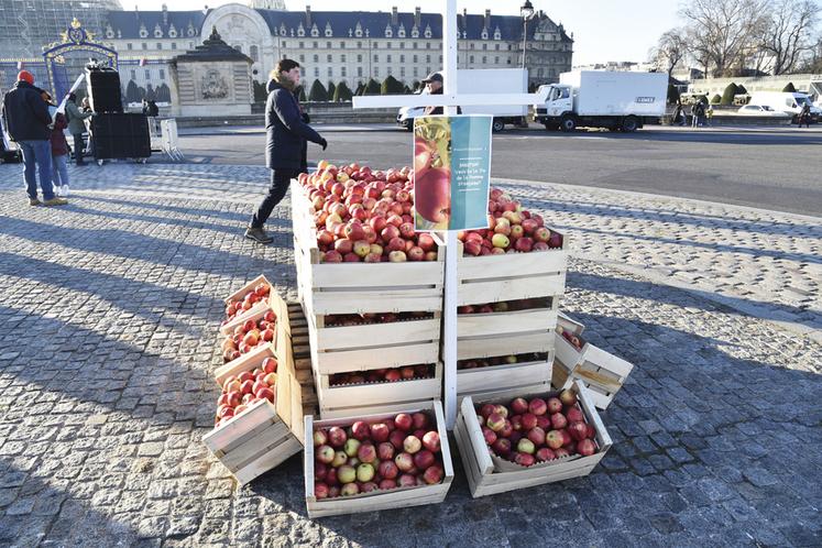 Avant même l'arrivée des tracteurs, les différentes denrées agricoles les plus touchées par le retrait de moyens de production étaient mises en scène comme les pommes avec une croix.