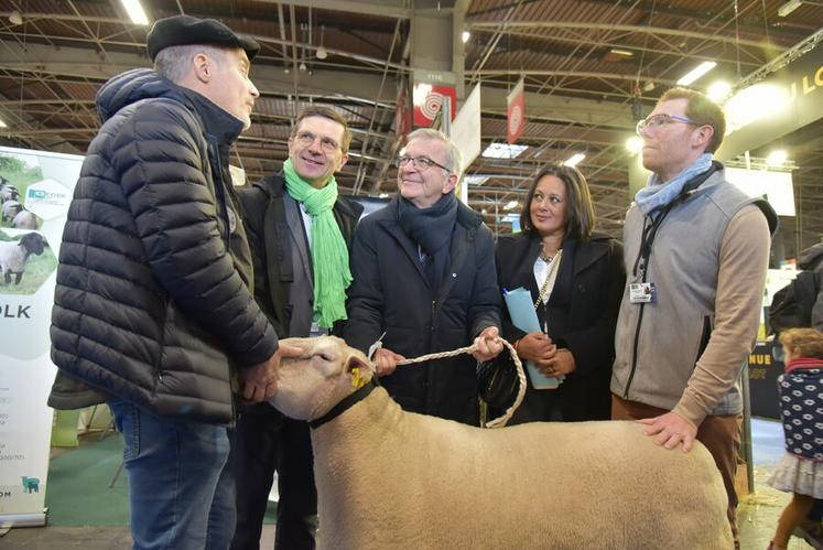 Deuxième arrêt dans la section ovine du salon, pour rencontrer les moutons de race berrichon du Cher du Gaec Aubailly. François Bonneau, président de Région, était ravi de tenir et caresser l'animal.