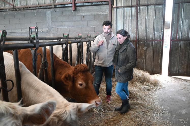 Vendredi 24 mars, à Vallières-les-Grandes. Mathilde Desjonquères, députée de Loir-et-Cher, a visité deux élevages en prenant le temps de dialoguer avec les éleveurs du territoire venus pour l'occasion. Ici, avec Stéphane Turbeaux et ses bovins.