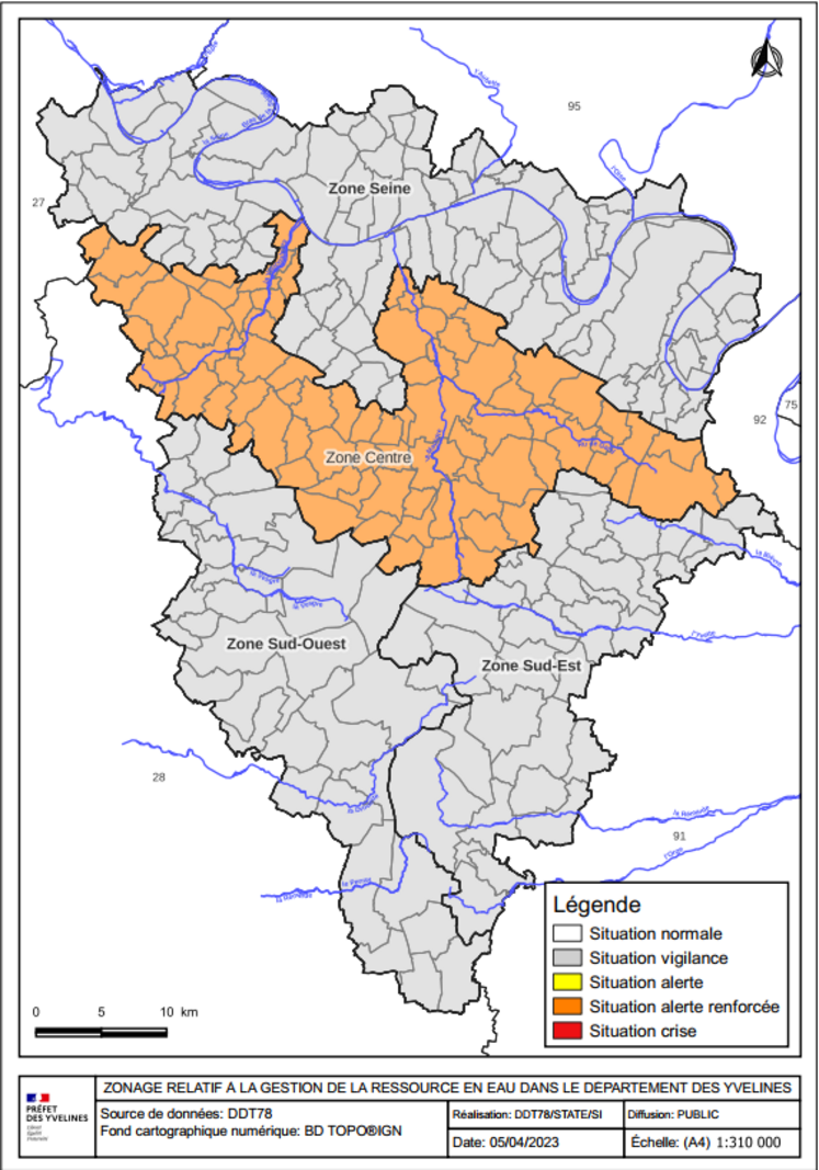 Carte de la situation hydrologique actuelle en lien avec l'arrêté en vigueur.