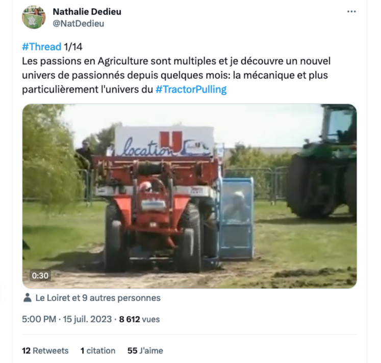 Le 15 juillet dernier, Nathalie Dedieu publiait le premier tweet de son tread dédié au tractor pulling. Il sera suivi de treize autres post.
