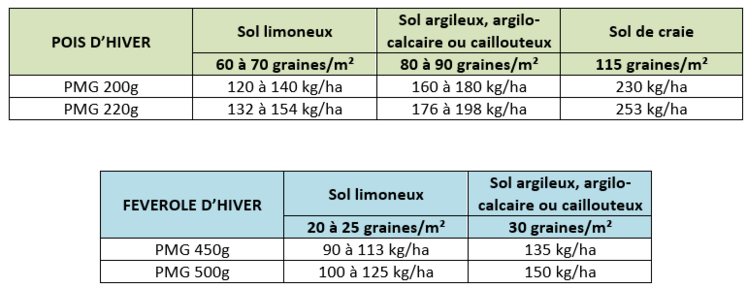 Doses de semis conseillées par Terres Inovia pour le pois et la féverole d'hiver.