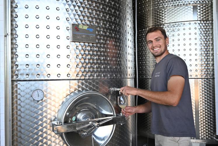 Maxime Cadoux est vigneron à Saint-Claude-de-Diray. Après ses premières vendanges, il réalise sa première vinification au sein de son chai.