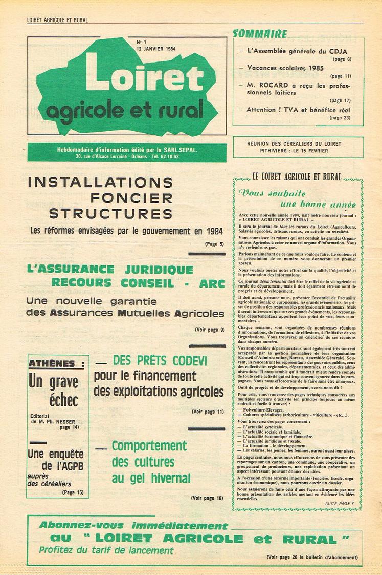 La toute première Une du journal Loiret agricole et rural, paru le 12 janvier 1984.