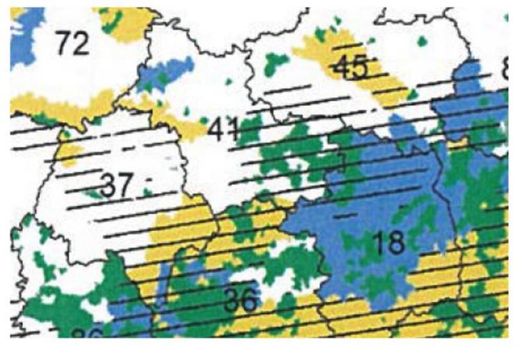 Extrait de la carte présentée le 20 décembre 2017 :
En hachuré : anciennes zones défavorisées.
Les zones de couleurs sont les nouvelles zones défavorisées simples définies par le Ministère selon les critères définis plus haut.