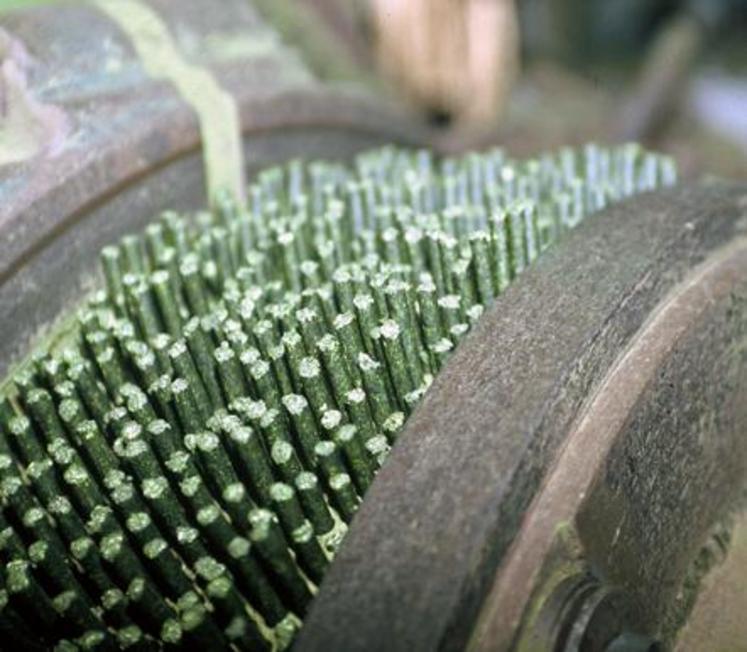 Fabrication de bouchons de luzerne déshydratée servant à l'alimentation animale.