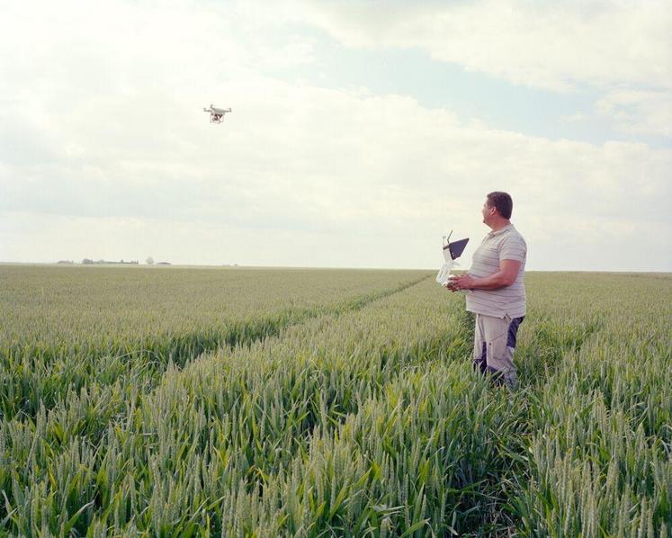 Un agriculteur pilote un drone dans un champ de blé.