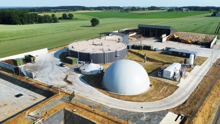 Vue aérienne de l’unité de méthanisation qui se situe sur une parcelle de 2 hectares à Bosc-Édeline (Seine-Maritime).