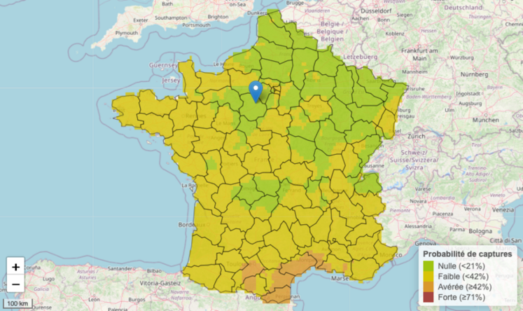 Carte de prédiction des vols de charançons de la tige du colza à J+7 à partir du 14 février. L'Eure-et-Loir en entier est en vert, soit une probabilité de captures nulle à très faible (< 21 %).