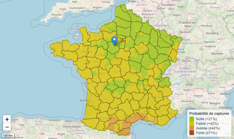 Carte de prédiction des vols de charançons de la tige du colza à J+7 à partir du 14 février. L'Eure-et-Loir en entier est en vert, soit une probabilité de captures nulle à très faible (&lt; 21 %).