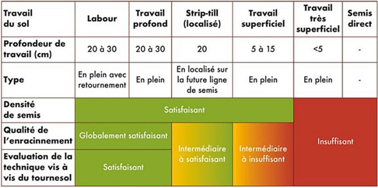 Récapitulatif de l'adaptation du tournesol aux différents modes d'implantation.