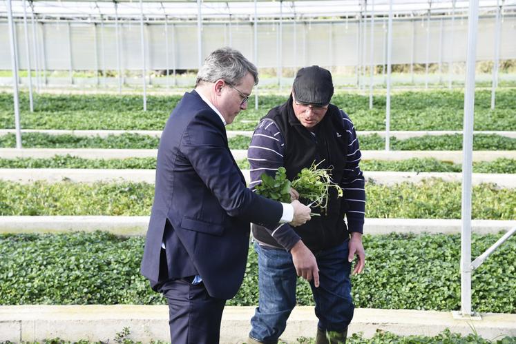 Jeudi 28 mars, à Méréville (Essonne). Olivier Barberot présente sa cressonnière à François Durovray, président du conseil départemental de l'Essonne.