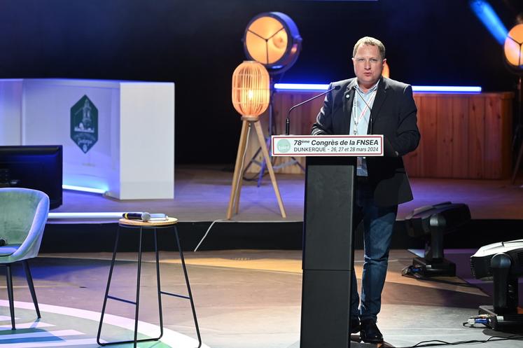 Mercredi 27 mars, à Dunkerque (Nord). Le vice-président de la FNSEA Damien Greffin est intervenu lors du congrès pour évoquer le projet de transformation FNSEA 2025.