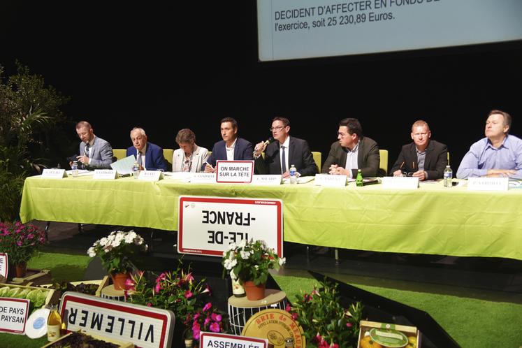 Président, secrétaires général et adjoints et trésorière à la tribune officielle lors de la partie statutaire. Le décors renvoie aux actions de ces derniers mois « on marche sur la tête ».