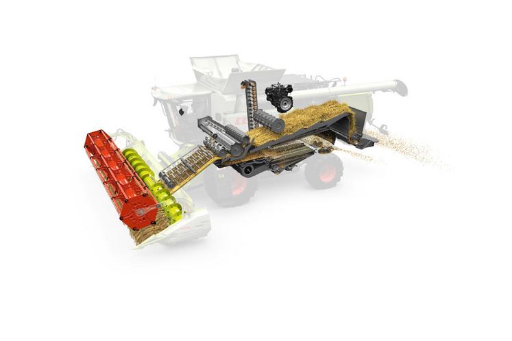 Placé entre le convoyeur et le batteur, l’accélérateur de pré-séparation APS de Claas est présenté comme un élément-clé dans la réduction de la puissance absorbée. 