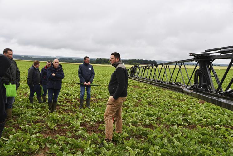 Matthieu Noroy (Horsch) commente l'intérêt de la pulvérisation localisée pour le désherbage des parcelles de betteraves. 