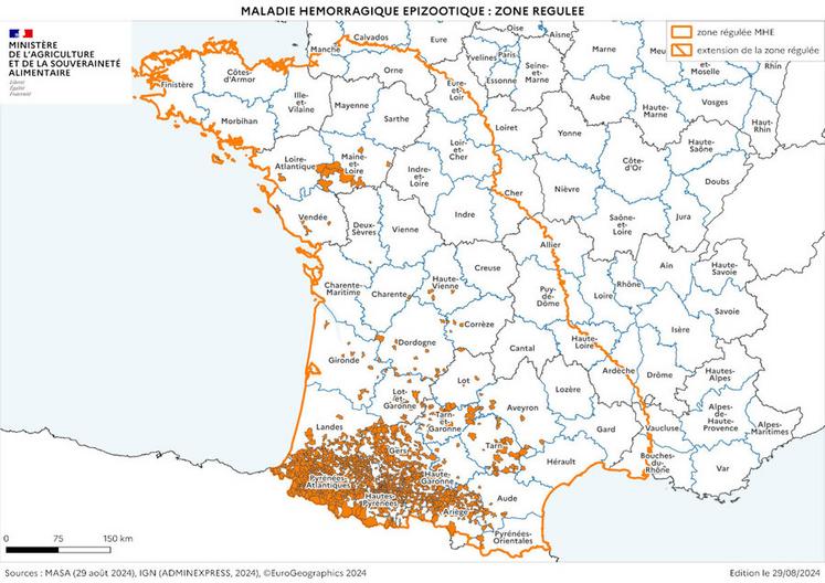 Cartographie de la zone réglementée au titre de la MHE à la date du 29 août.