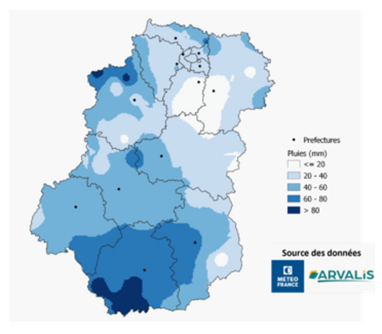 Écart de précipitations entre le 1er avril et le 15 mai 2024 par rapport à la médiane 20 ans.