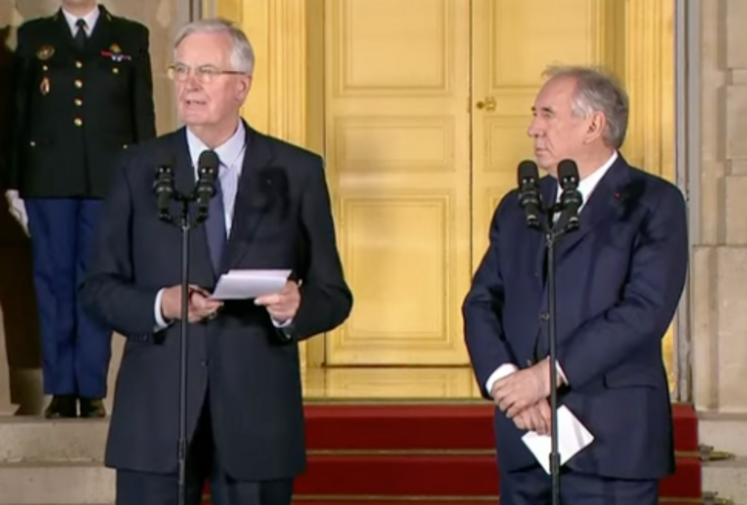 Vendredi 13 décembre, à Matignon, lors de la passation de pouvoir entre Michel Barnier et François Bayrou.