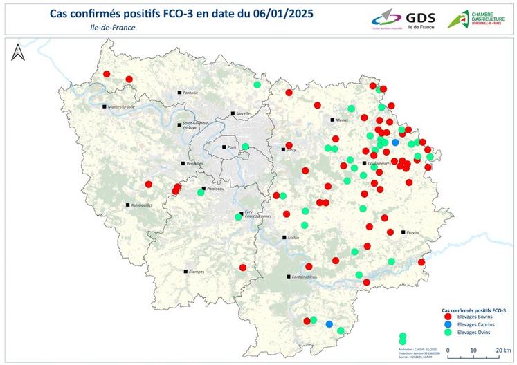 La carte des cas confirmés de FCO-3 est régulièrement actualisée en fonction des cas positifs qui remontent, à condition que ces derniers soient déclarés, ce qui n'est pas toujours le cas.