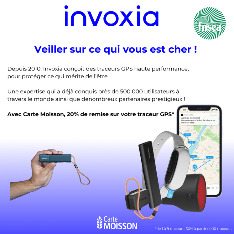 La cate Moisson permet d’avoir une remise sur le traceur GPS Invoxia avec détecteur d'angle d'inclinaison.
