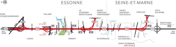 Le projet de fluidification de l'A6 concerne un tronçon de l’autoroute A6 entre Cély-en-Bière (Seine-et-Marne) et Évry-Courcouronnes (Essonne).