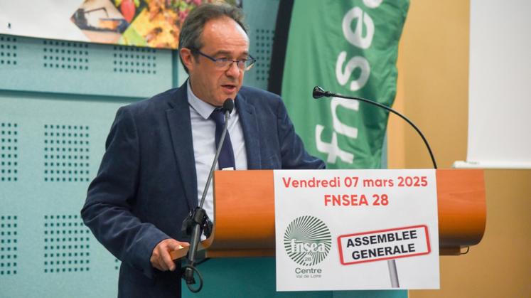Bertrand Petit, président de la FNSEA 28, lors de l'assemblée générale de la FNSEA 28 vendredi 7 mars 2025 à Chartres (Eure-et-Loir).