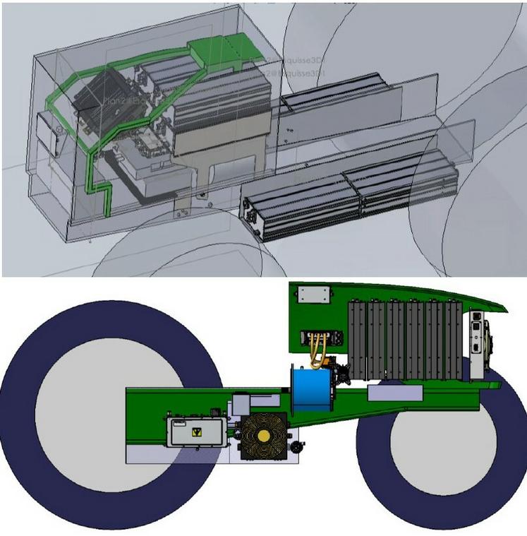 La modélisation 3D réalisée en amont du projet de rétrofit permet d’agencer au mieux l’ensemble des composants nécessaires pour le fonctionnement du moteur électrique.